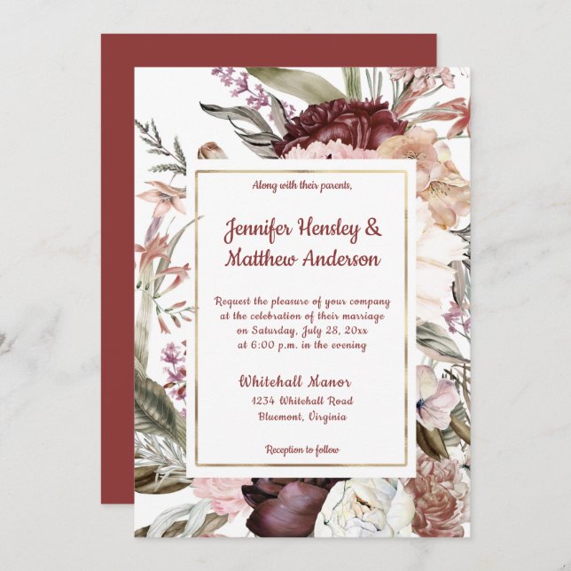 Marsala Sandy Peach Dusty Rose Floral Wedding  Invitation (Front/Back)