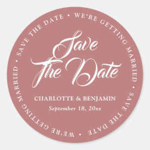 Marsala Script Typography Wedding Save The Date Classic Round Sticker
