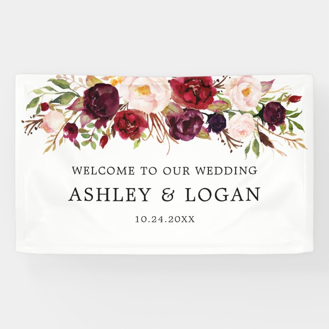 Marsala Watercolor Floral Wedding Welcome Banner (Horizontal)
