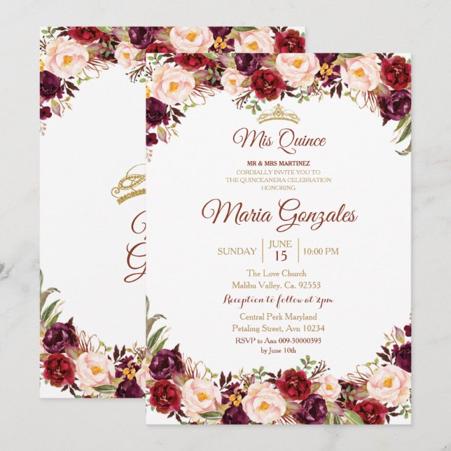 Marsala Watercolor Quinceanera Invitation (Front/Back)