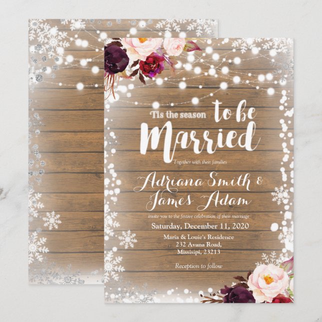 Marsala Winter Snowflakes Holiday Wedding Invitation (Front/Back)