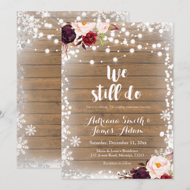 Marsala Winter Snowflakes Wedding Anniversary Invitation (Front/Back)