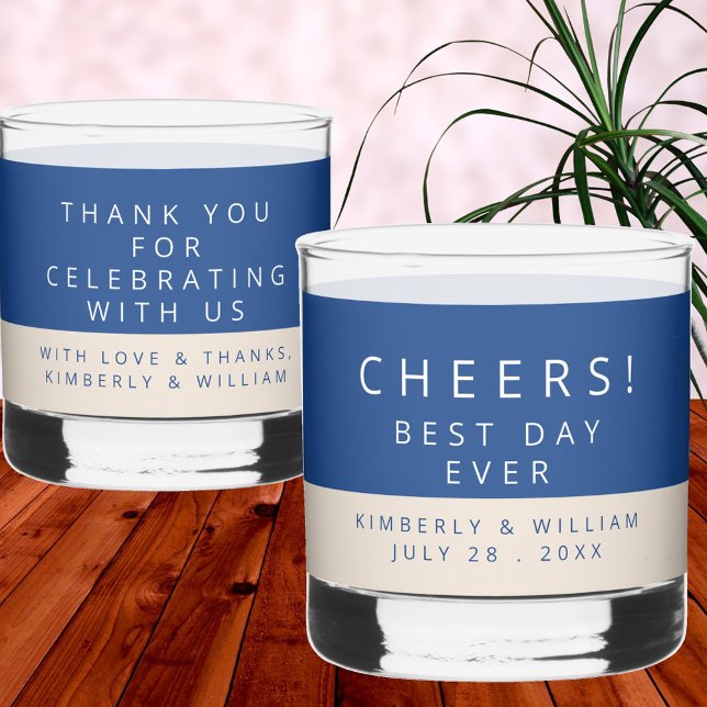 Marseille Bleu Double Sided Wedding Party Favours Whiskey Glass (Marseille Bleu Modern Wedding Whiskey Glass With Double Sided Custom Text)