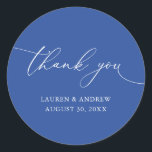 Marseille Bleu Minimalist Wedding Thank You Classic Round Sticker<br><div class="desc">Our modern minimalist thank you sticker/seal has "thank you" written in modern calligraphy script and can be fully customized with your name,  dates and background colour.</div>
