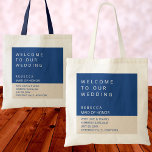 Marseille Bleu Wedding Bridal Party Chic Welcome Tote Bag<br><div class="desc">Create your own wedding welcome tote bags for out of town guests or your bridal party with this chic modern Marseille Bleu design. Simple blocks of bright navy blue with white text and soft ecru with dark blue text set the modern tone of these personalized tote bags. The large font...</div>
