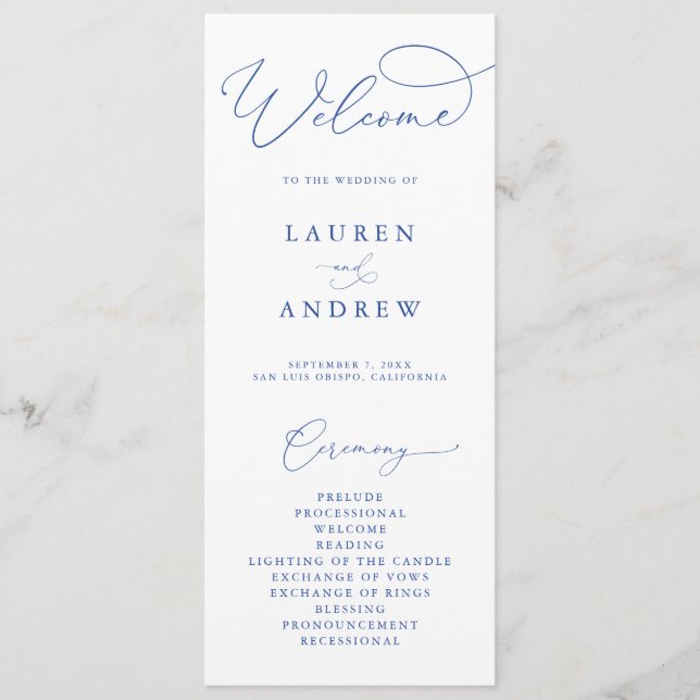 Marseille Bleu & White Elegant Minimalist Wedding Program (Front)