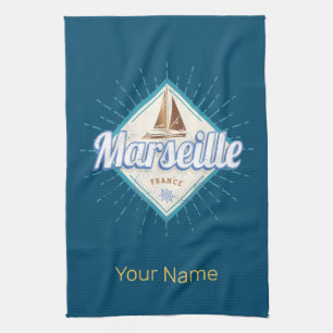 Marseille city France retro sailing ship vintage Kitchen Towel