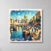 Marseille Harbour Vintage Port Stretched Canvas