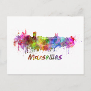 Marseilles skyline in watercolor postcard
