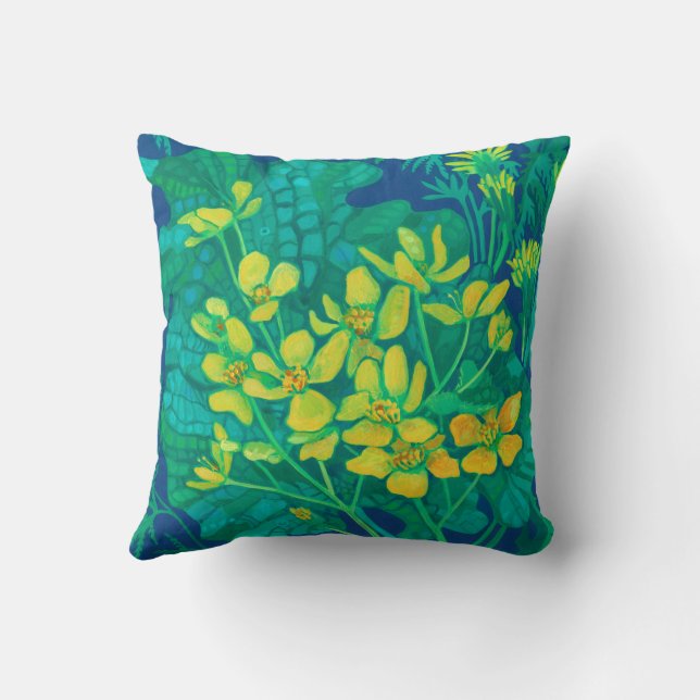 Marsh Marigold Summer Wildflowers Floral Painting Throw Pillow (Back)