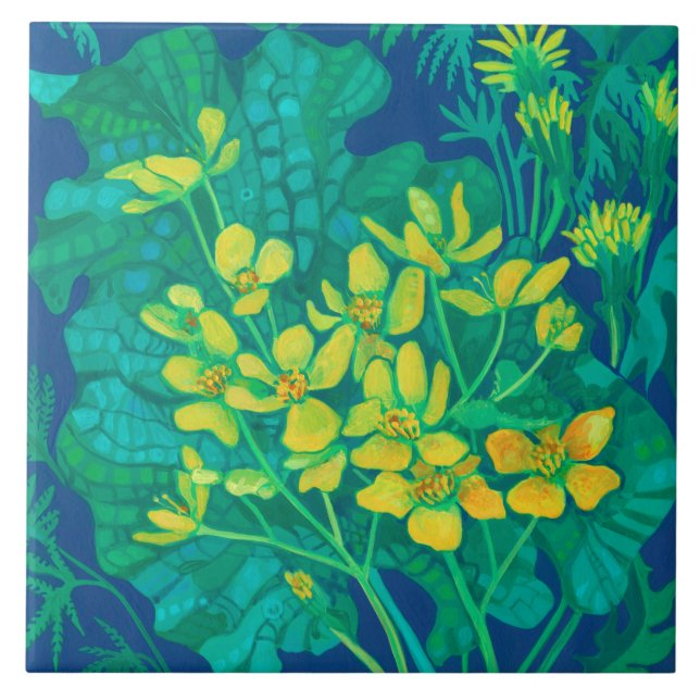 Marsh Marigold Summer Wildflowers Floral Painting Tile (Front)