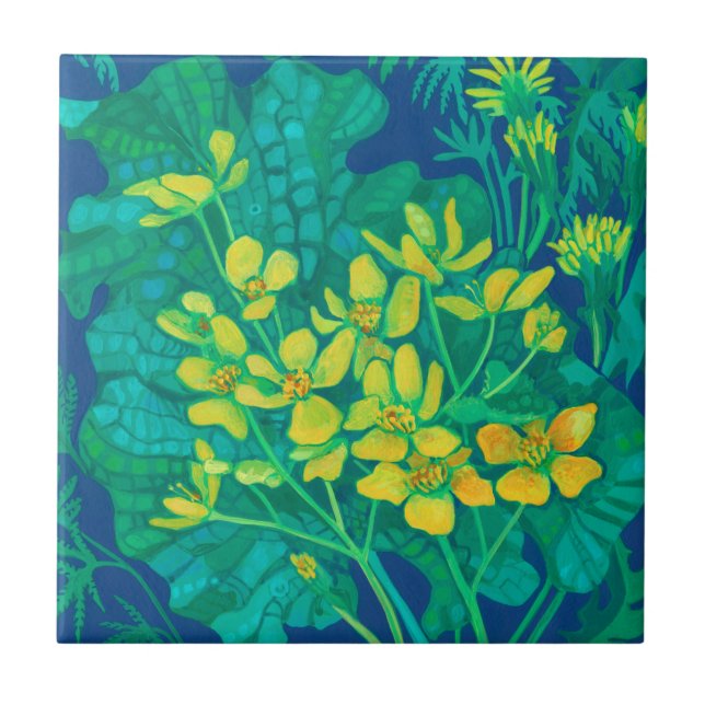 Marsh Marigold Summer Wildflowers Floral Painting  Tile (Front)