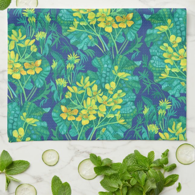 Marsh Marigold Wildflowers Yellow Flowers Pattern Kitchen Towel (Folded)