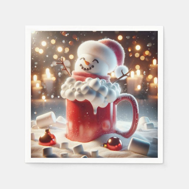 Marshmallow Snowman In Hot Chocolate Napkin (Front)