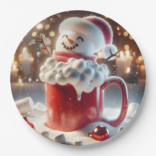 Marshmallow Snowman In Hot Chocolate Paper Plate (Front)
