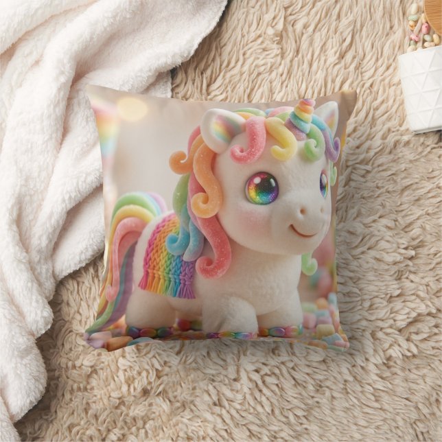 Marshmallow Unicorn and Pastel Candy Dream Throw Pillow (Blanket)