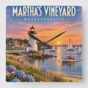 Martha’s Vineyard Sunset Lighthouse Massachusetts  Square Wall Clock