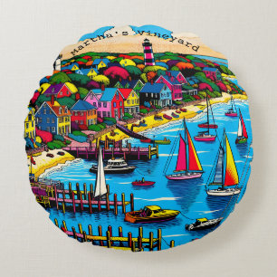 Martha's Vineyard   Colourful Abstract Art Round Pillow