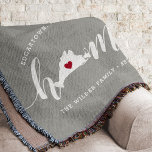 Martha's Vineyard Home Town Personalized Throw Blanket<br><div class="desc">Show some hometown pride with this cute rustic grey throw blanket featuring "home" in white calligraphy script lettering with a silhouette map of Martha's Vineyard standing in for the letter "O." A red heart illustration inside the state map completes the design; you can change the position of the heart to...</div>