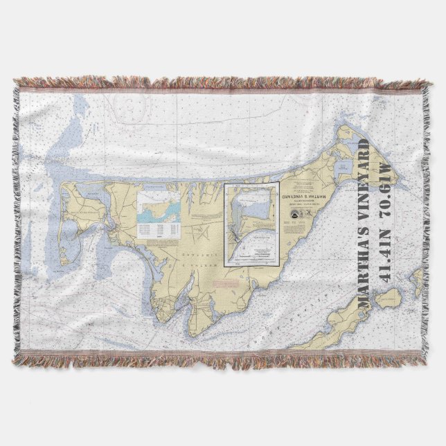 Martha's Vineyard Latitude Longitude Nautical Throw Blanket (Front)