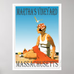 Martha's Vineyard on The Beach Poster<br><div class="desc">A retro poster that never was until now. A redo of an old poster that should have been. Martha's Vineyard on the Beach in retro style from the art deco era. Bright colours with a woman on the beach under a blue sky.</div>