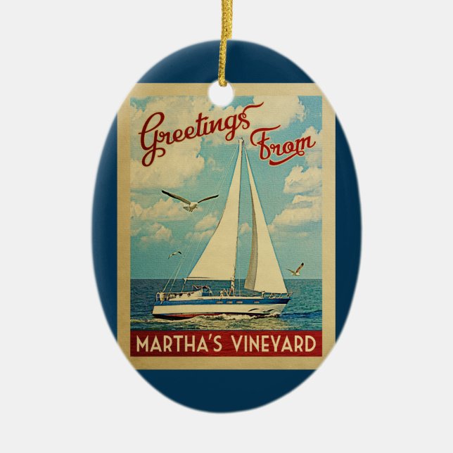 Martha's Vineyard Sailboat Vintage Travel Ceramic Ornament (Front)
