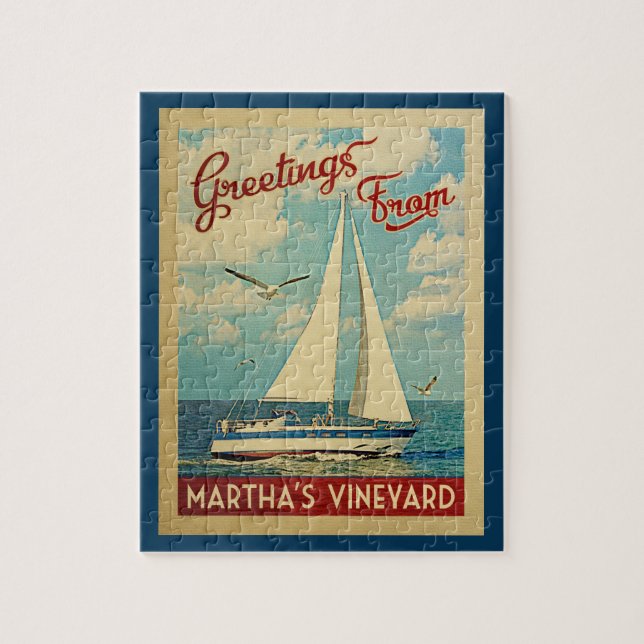 Martha's Vineyard Sailboat Vintage Travel Jigsaw Puzzle (Vertical)