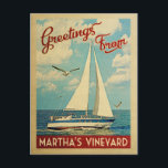 Martha's Vineyard Sailboat Vintage Travel Postcard<br><div class="desc">This Greetings From Martha's Vineyard Massachusetts vintage travel nautical design features a boat sailing on the water with seagulls and a blue sky filled with gorgeous puffy white clouds.</div>