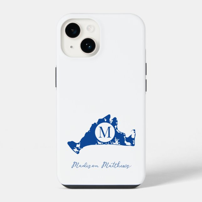 Martha's Vineyard Simple Map Monogram Blue Name iPhone Case (Back)