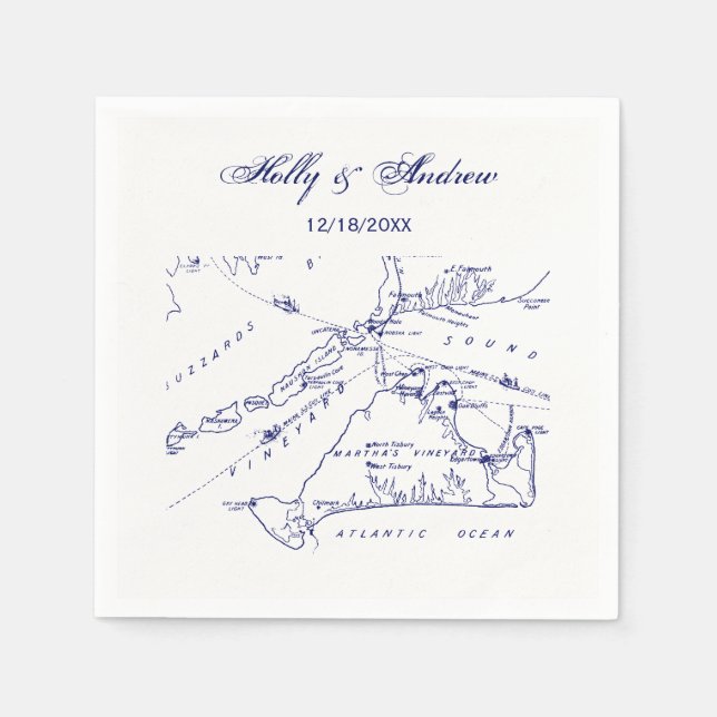 Martha's Vineyard Vintage Map #1 Navy Blue Napkin (Front)