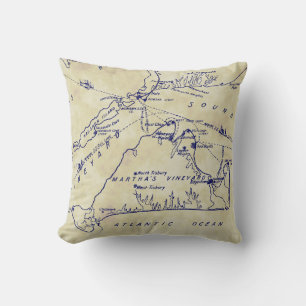 Martha's Vineyard Vintage Map #1 Navy Blue Tea Stn Throw Pillow