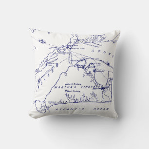 Martha's Vineyard Vintage Map #1 Navy Blue Throw Pillow