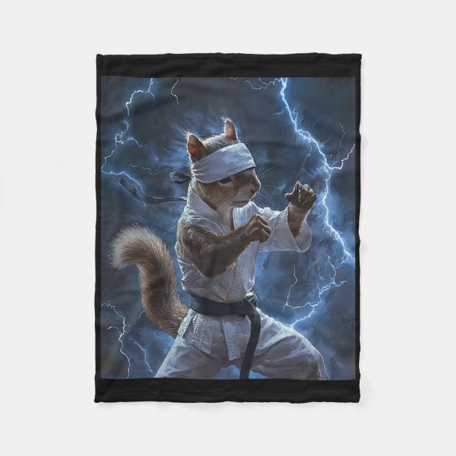 Martial Art Squirrel Wearing Karate Gi Lightning A Fleece Blanket (Front)