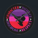 Martial Arts Core Values - Karate Round Clock<br><div class="desc">Karate retro grunge silhouette art design for karateka women and girls practicing a simple life of developing character,  patience,  respect,  and self-discipline. > Proper mindset fosters core values that can be more important than the physical skills learned.  > Personalize it! Add custom name,  photo,  or text.</div>