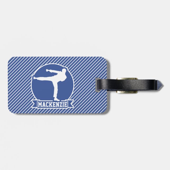 Martial Arts, Karate, Blue & White Stripes Luggage Tag (Back Horizontal)