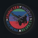 Martial Arts - Karate Core Values Round Clock<br><div class="desc">Karate retro grunge silhouette art design for karateka men and boys practicing a simple life of developing character,  patience,  respect,  and self-discipline. > Proper mindset fosters core values that can be more important than the physical skills learned.  > Personalize it! Add custom name,  photo,  or text.</div>