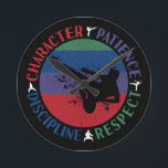 Martial Arts - Karate Core Values Round Clock<br><div class="desc">Karate retro grunge silhouette art design for karateka men and boys practicing a simple life of developing character, patience, respect, and self-discipline. > Proper mindset fosters core values that can be more important than the physical skills learned. > Personalize it! Add custom name, photo, or text.</div>