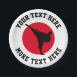 Martial arts kid's karate Birthday party plates<br><div class="desc">Martial arts kid's karate Birthday party plates. Paper party supplies for themed Birthday party. Disposable fun dinner party supplies printed for children, instructor, teacher, sports club etc. Personalized text and customizable background colour. Add personalized name, school name, funny quote, slogan or monogram. Red hot rising sun with silhouette of fighter....</div>
