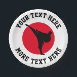 Martial arts kid's karate Birthday party plates<br><div class="desc">Martial arts kid's karate Birthday party plates. Paper party supplies for themed Birthday party. Disposable fun dinner party supplies printed for children, instructor, teacher, sports club etc. Personalized text and customizable background colour. Add personalized name, school name, funny quote, slogan or monogram. Red hot rising sun with silhouette of fighter....</div>