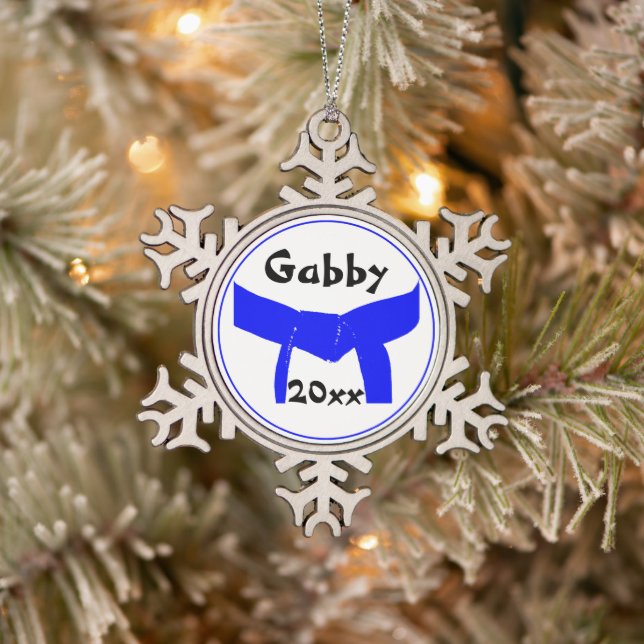 Martial Arts Light Blue Belt Dated Snowflake Pewter Christmas Ornament (Tree)
