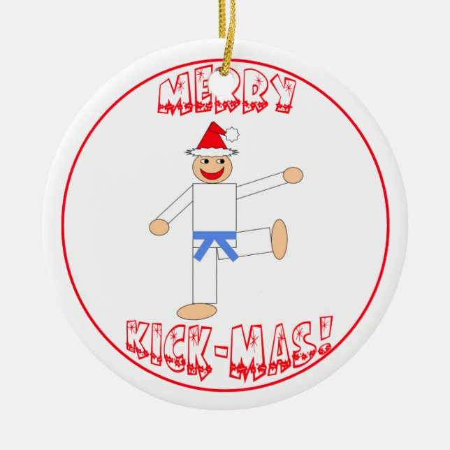 Martial Arts Merry Kick Mas Light Blue Belt Ceramic Ornament (Front)