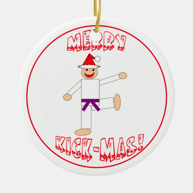 Martial Arts Merry Kick Mas Purple Belt Ceramic Ornament (Front)