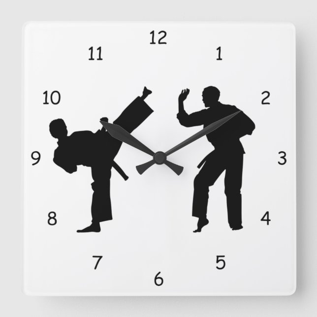 Martial Arts Sparring Silhouette Square Wall Clock (Front)