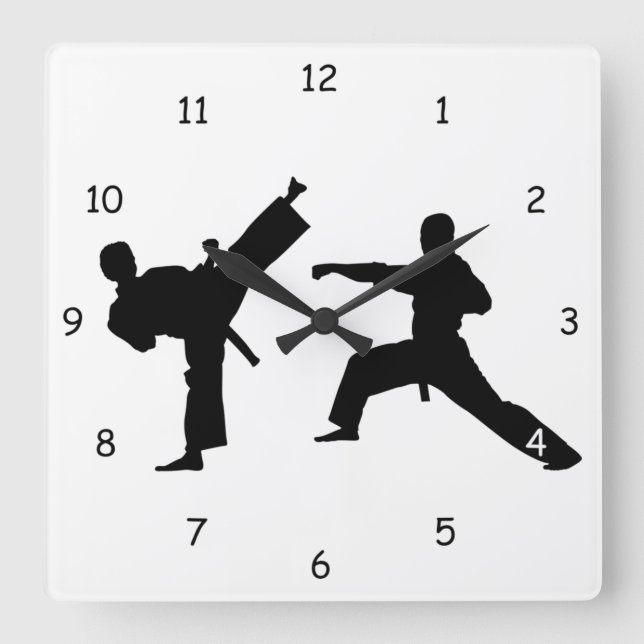 Martial Arts Sparring Silhouette Square Wall Clock (Front)
