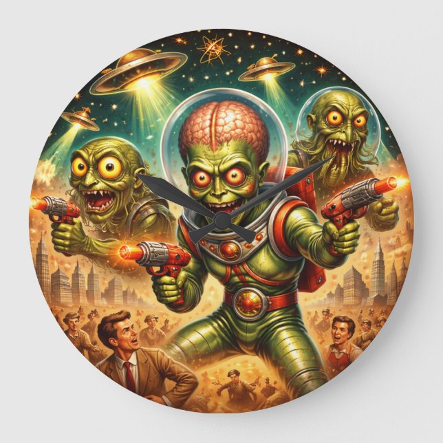 Martian Mayhem Retro Sci-Fi Large Clock (Front)
