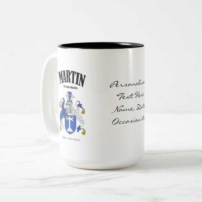 Martin Family Crest, Translation & Meaning Two-Tone Coffee Mug (Front Left)