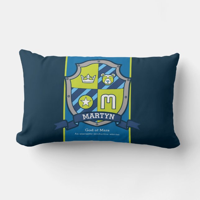 Martin name meaning letter M crest bear blue green Lumbar Pillow (Front)