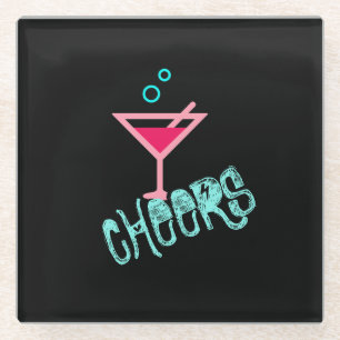 Martini - Alcohol Drink Pop Art, Pink & Turquoise Glass Coaster