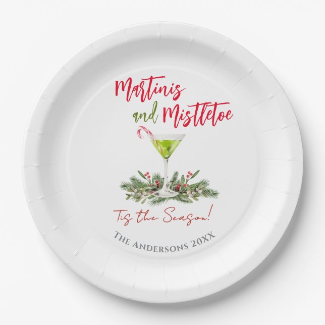 Martini and Mistletoe Holiday Cocktail Party Paper Plate (Front)