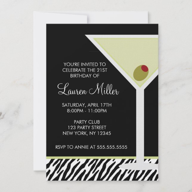 Martini and Zebra Pattern Invitation (Front)